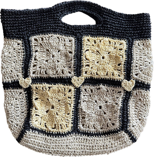 Handgemachte Shopper-Tasche aus Raffia mit Granny Squares